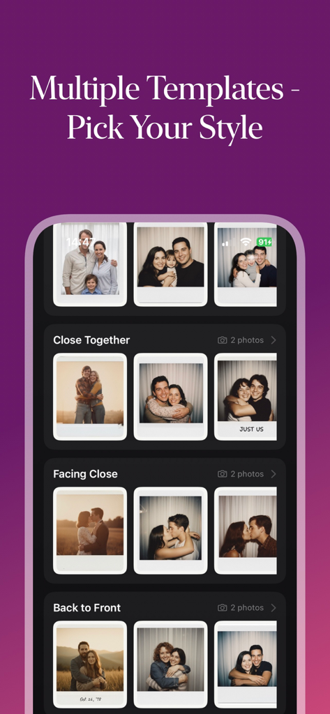 Polaroid AI  Photo Generator - App screen showing various vintage Polaroid-style photo templates for couples and families.