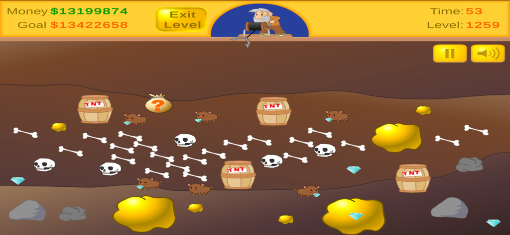 Classic Miner mobile game screen showing gold nuggets, diamonds, and TNT barrels underground
