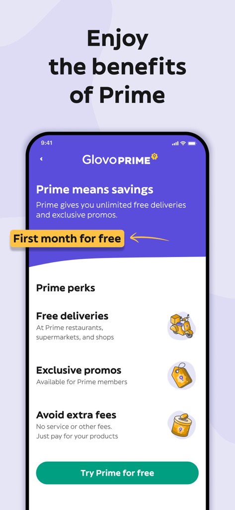 Glovo app screen displaying Prime membership perks including unlimited free deliveries and a first month free trial offer.