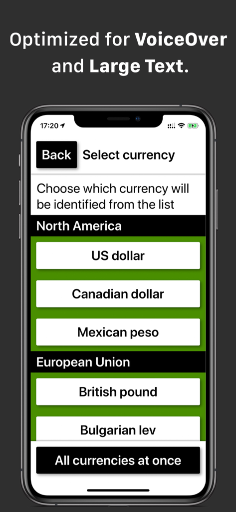 Cash Reader Lifetime Edition - Pantalla de selección de divisas de alto contraste en la aplicación Cash Reader con opciones de texto grande para dólar estadounidense y libra esterlina