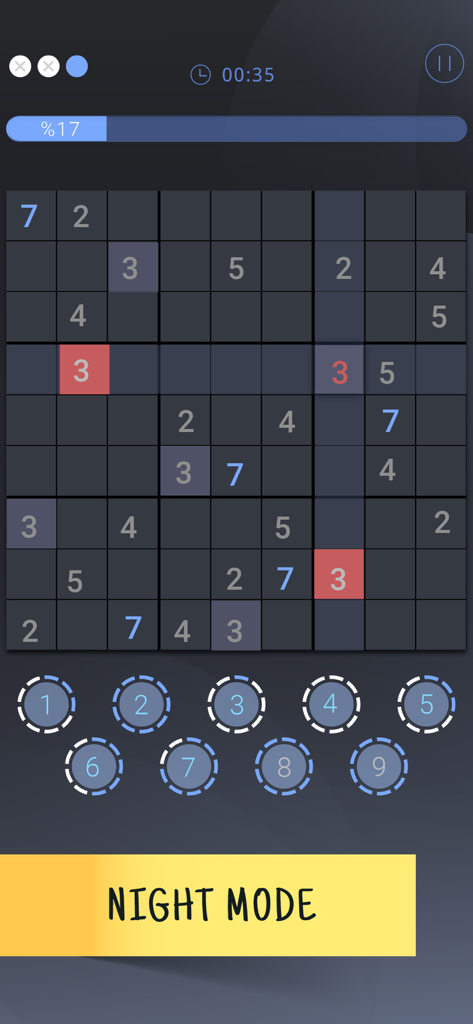 Sudoku: Classic Brain Puzzle - Sudoku game board in dark mode with blue and grey colors