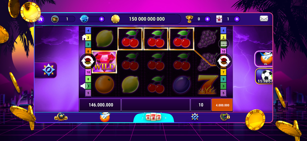 Screenshot dell'app mobile 7REELZ che mostra rulli di slot a tema frutta con ciliegie e un simbolo jolly di rubino