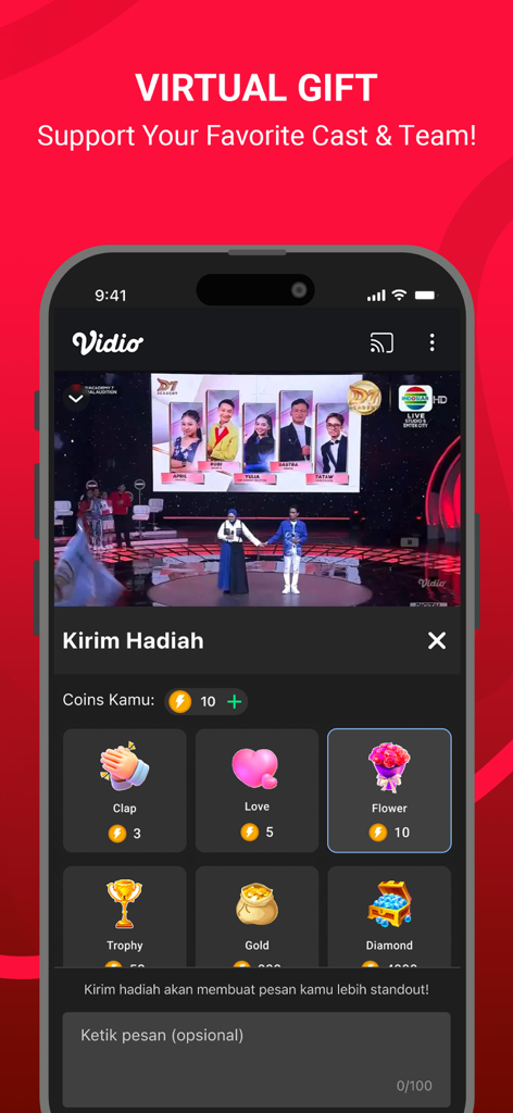 Vidio: Sports, Movies, Series - Vidio app virtual gift interface for supporting live performers