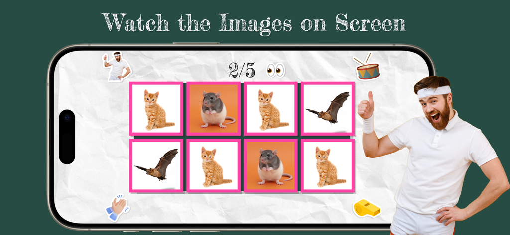 Say the Word on Beat Challenge - A gameplay screen from the Say the Word on Beat Challenge app featuring a grid of animal icons and a man giving a thumbs up