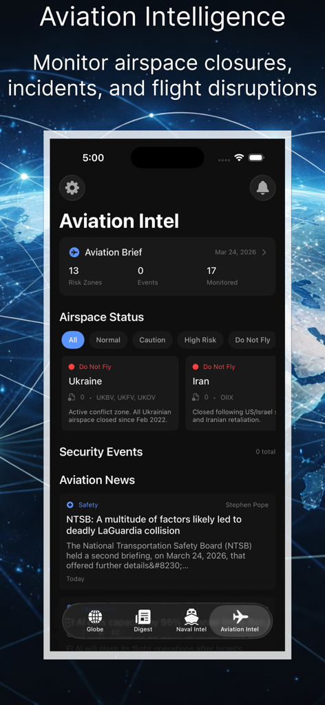 Atlas : Global Intelligence - Aviation intelligence dashboard showing global flight risk zones and security news
