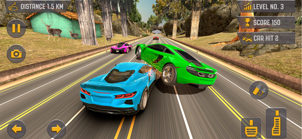 A blue sports car crashing into a green sports car on a 3D highway racing track