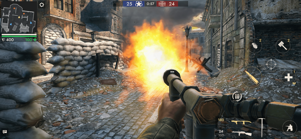 First person shooter perspective of a bazooka explosion in a ruined World War II city street.