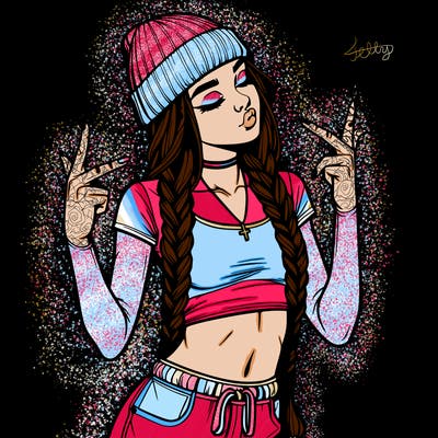 realistic teenage girl with braids and a beanie and crop top doing 🫶🏼
