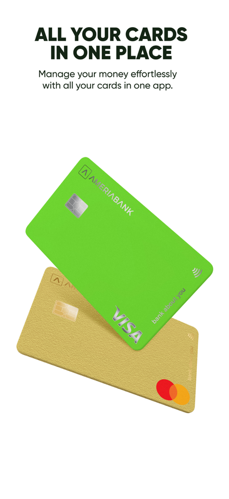 My Ameria - My Ameria app screen showing green Visa and gold Mastercard with text promoting managing all cards in one place