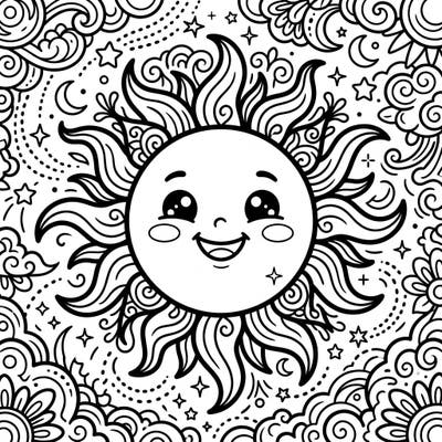 Discover joy with this delightful Kawaii Sun Corona coloring page, perfect for all ages. Its charming design features a happy sun amidst a sky full of stars and swirling celestial patterns.