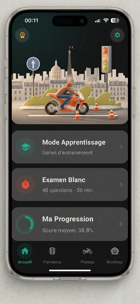 Code Moto ETM - Permis A A1 A2 - Écran d'accueil de l'application Code Moto ETM présentant le mode apprentissage, l'examen blanc et les statistiques de progression pour la préparation au permis moto.