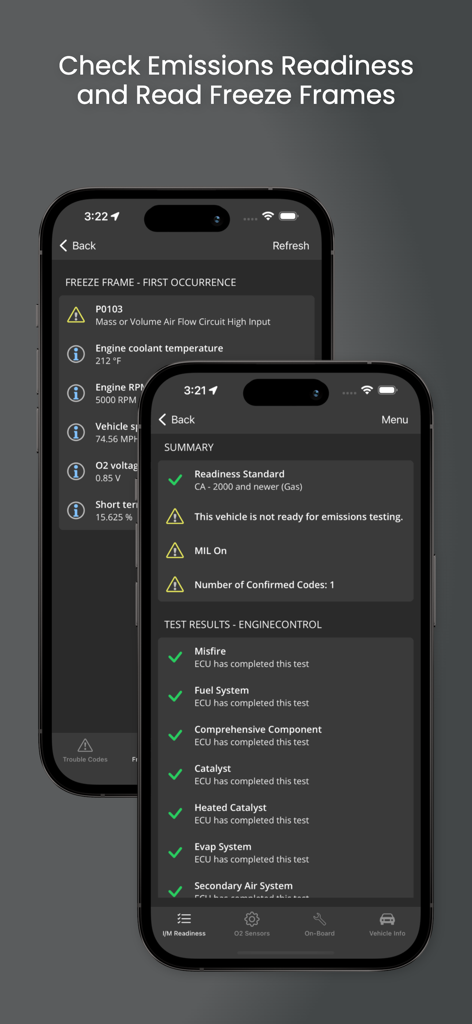 OBD Fusion app screens showing emissions readiness status and vehicle diagnostic freeze frame data on iPhone