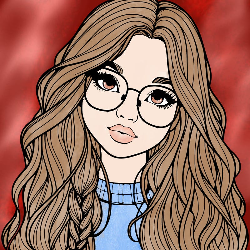 girl with long hair and freckles and glasses realistic