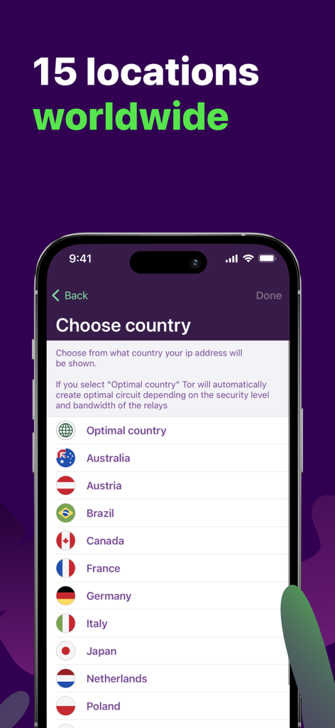 TOR Web Browser Dark Onion - Pantalla de selección de países en el Navegador Web TOR que muestra 15 ubicaciones mundiales