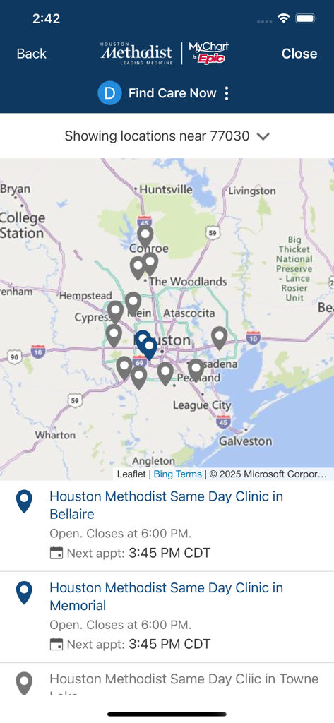 MyMethodist - A map showing Houston Methodist same day clinic locations and available appointment times in the mobile app.