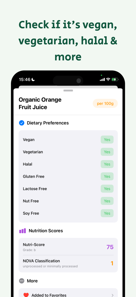SafeEats: Food Label Scanner - SafeEats app interface showing dietary tags and nutrition scores for organic orange juice