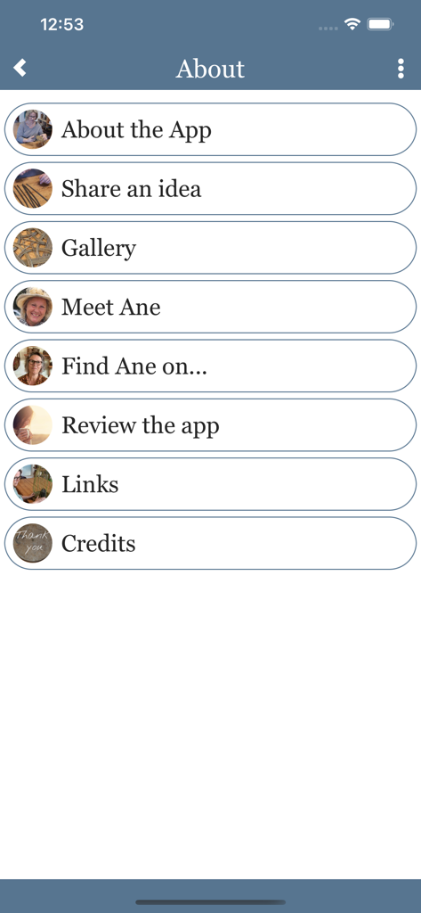 Baskets 2day - Baskets 2dayアプリの「アバウト」セクションのメニューリスト。Aneに会うやギャラリーへのリンクが含まれています。