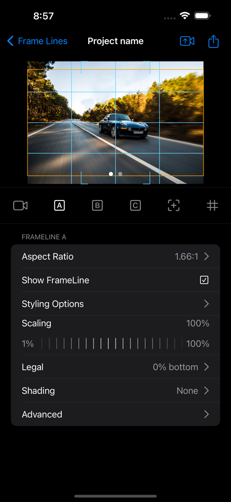 Frame Line PRO - Frame Line PRO app interface showing aspect ratio and frameline configuration settings