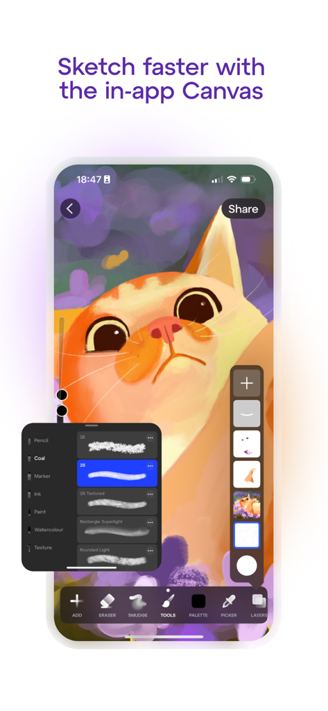 Sketchar: AR Drawing App - Sketchar 앱 인터페이스에 디지털 페인팅 도구와 고양이 일러스트가 표시됨