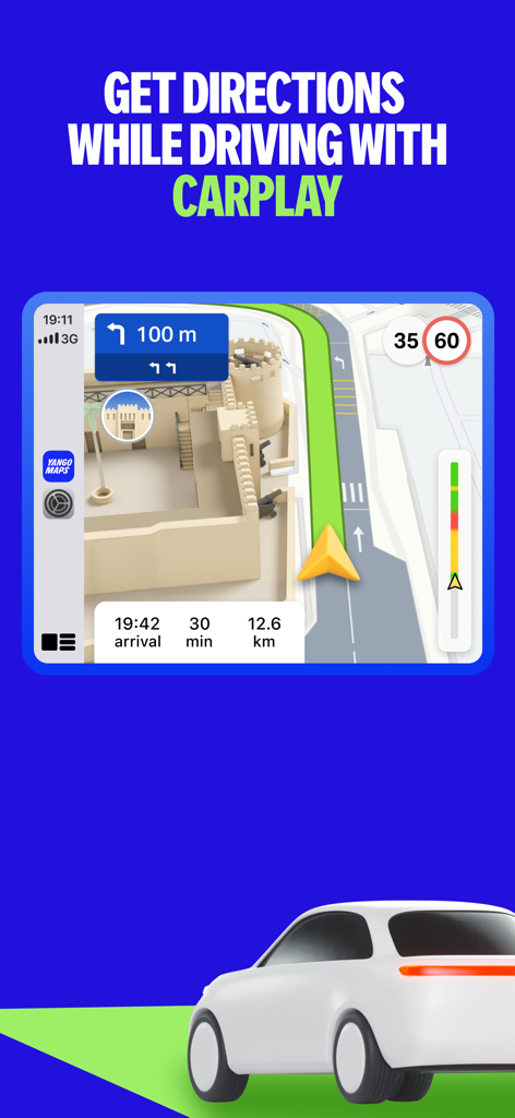 Yango Maps - Yango Maps app showing 3D driving directions with CarPlay integration