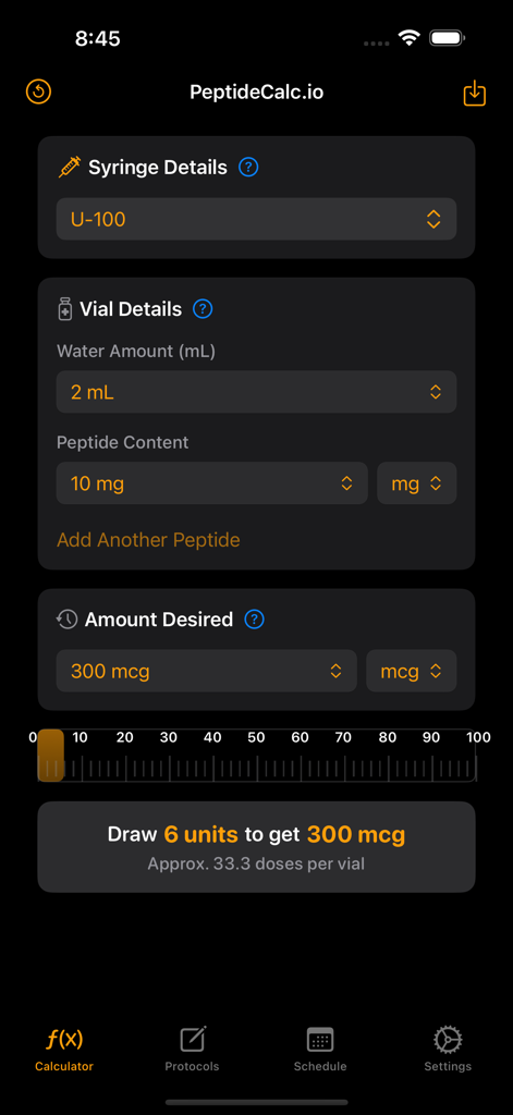 Peptide Calculators - Peptide reconstitution calculator interface showing syringe and vial details with a visual dosage guide