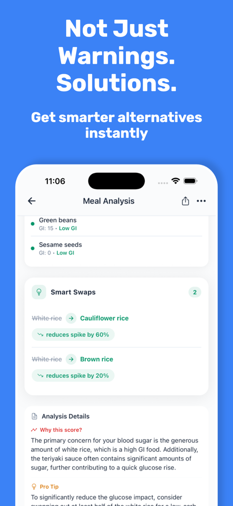 Glycemic Index Scanner - Glycemic Snap app interface showing smart food swaps like cauliflower rice to reduce blood sugar spikes.