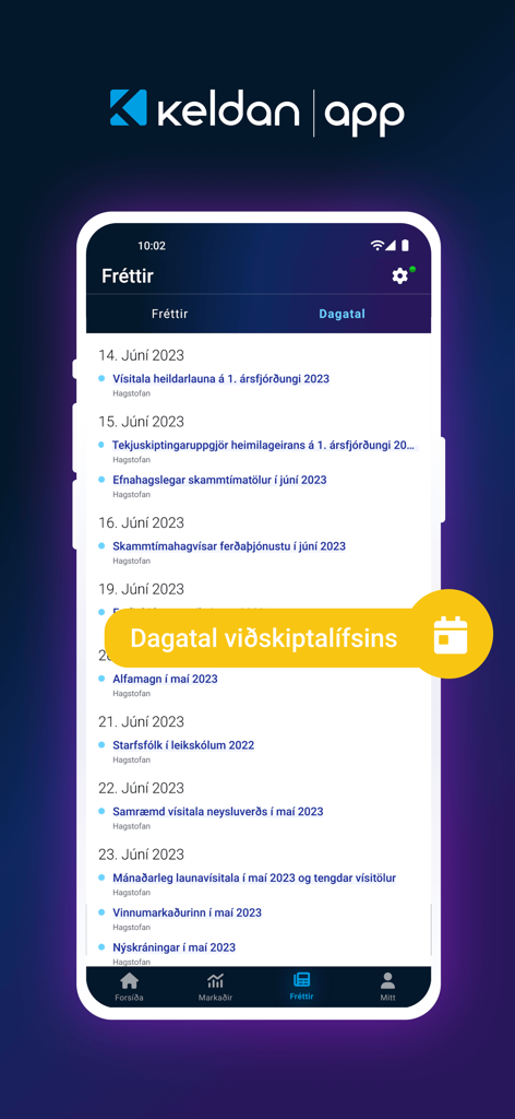 Keldan App - 아이슬란드 금융 뉴스 및 경제 보고서가 포함된 비즈니스 캘린더를 보여주는 Keldan 앱 인터페이스.