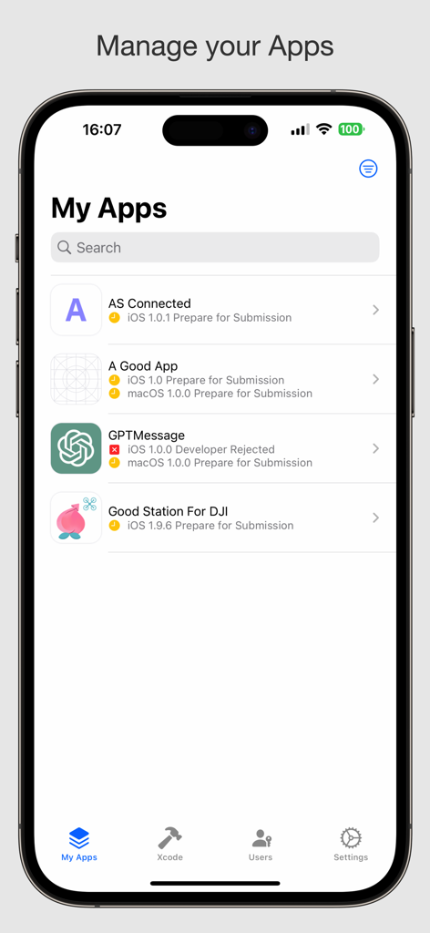 Connected - For App Developers - Connected app dashboard showing a list of developer apps with their current submission and version status.