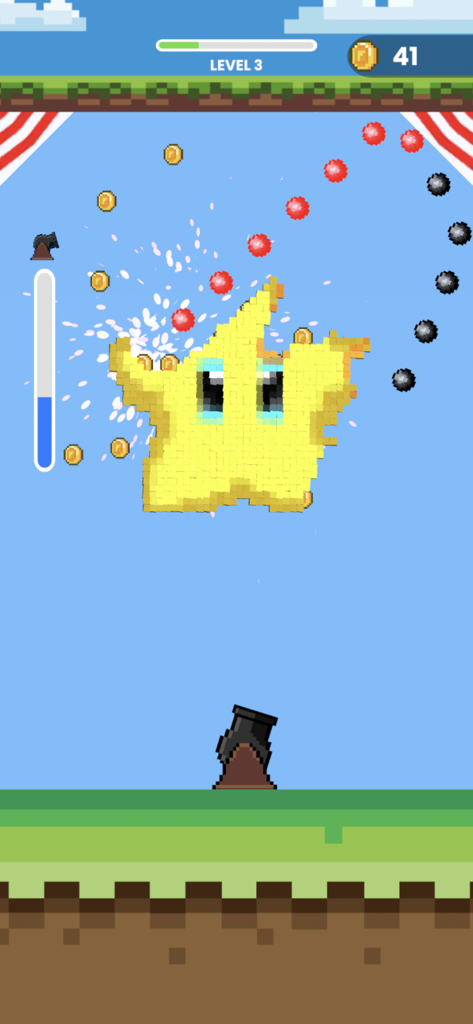 Gameplay von Cannon Crusher zeigt eine Kanone, die Kugeln schießt, um einen pixeligen Stern zu zerstören