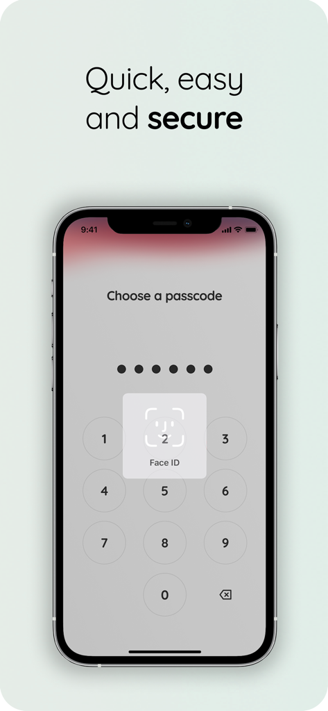 118 118 Money - Secure login setup screen for the 118 118 Money app featuring passcode entry and Face ID authentication