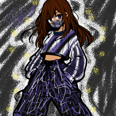 anime teen girl with baggy pants and crop top with sweater