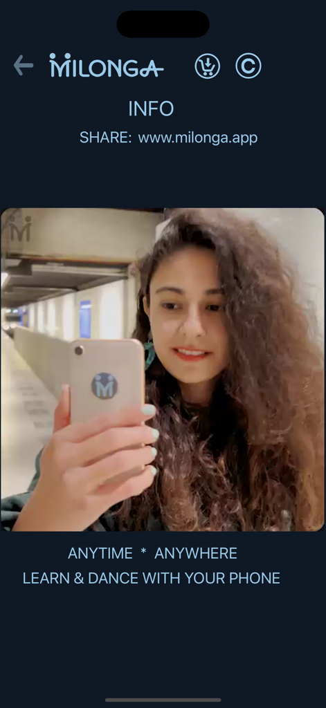 Milonga app screen showing a woman using her phone to learn dance anywhere