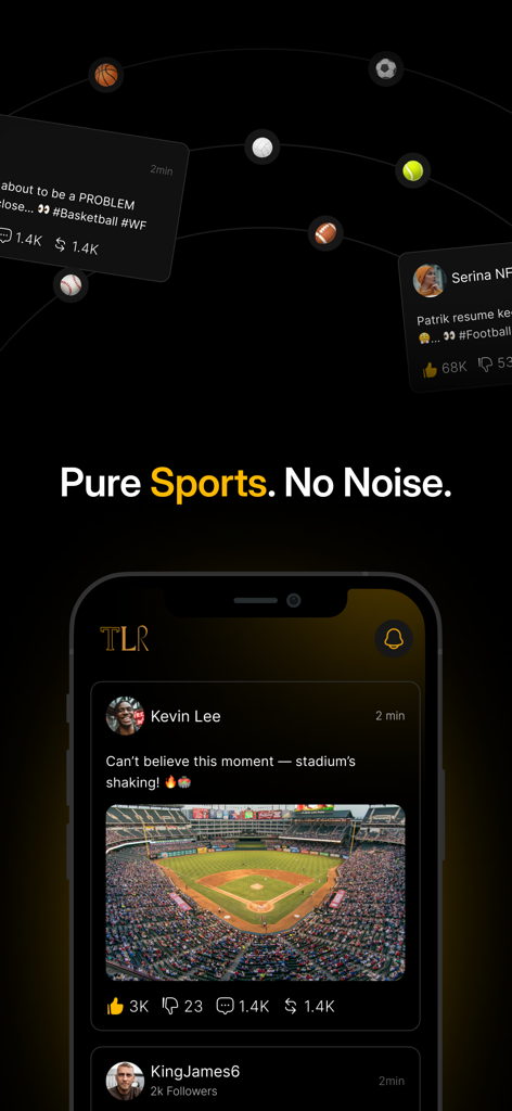 The LockerRoom App - Interface of The LockerRoom App showing a social media feed dedicated to sports with the slogan Pure Sports No Noise