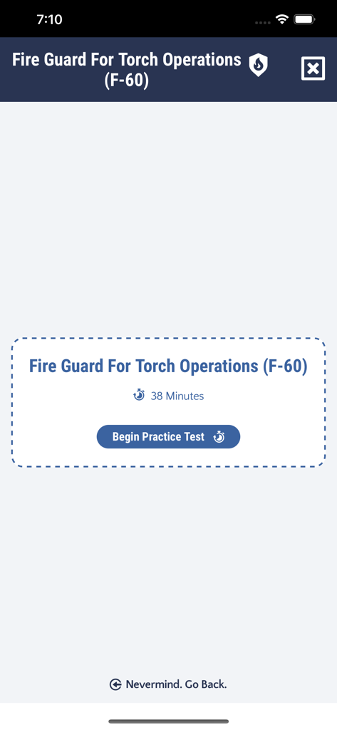 FireGuard for Torch Ops F60 - Pantalla de inicio del examen de práctica Fire Guard F-60 con un cronómetro de 38 minutos y un botón para Iniciar Examen de Práctica.