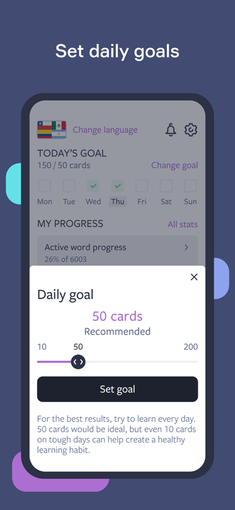 Lingvist: Learn Languages Fast - Lingvist-App-Oberfläche zum Festlegen täglicher Sprachlernziele mit einem Karten-Schieberegler