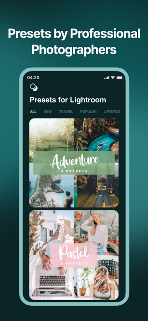 iPhone screen displaying professional photo presets for Lightroom with adventure and pastel aesthetics