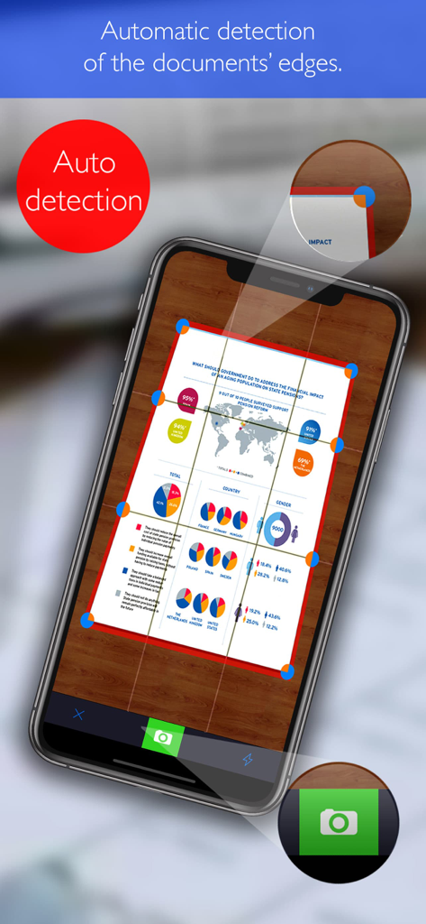 Scanner + pdf dосumеntѕ aрр - A smartphone using the scanner app to automatically detect the edges of a document with charts and text.