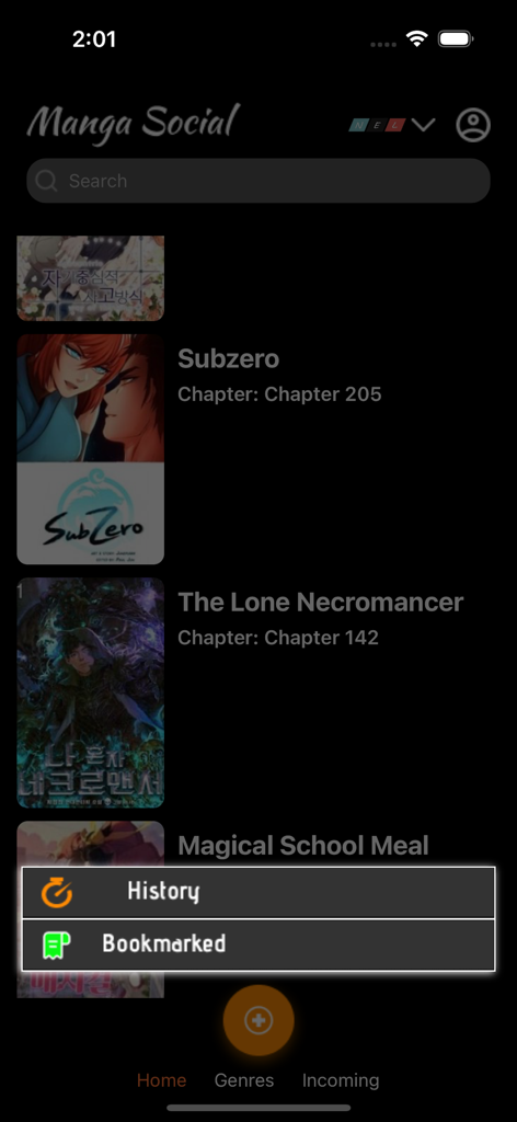 Manga Reader mangatoon geek - Manga Social app interface showing manga series list with history and bookmarked menu options