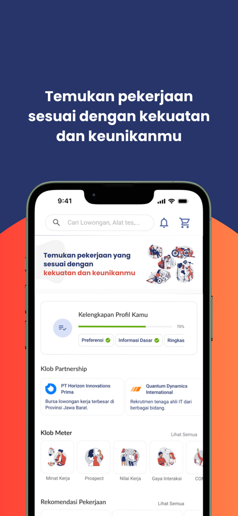 Mobile Anwendungsoberfläche von Klob, die das Jobsuche-Dashboard, den Profilfortschritt und die Persönlichkeitsbewertungstools anzeigt.