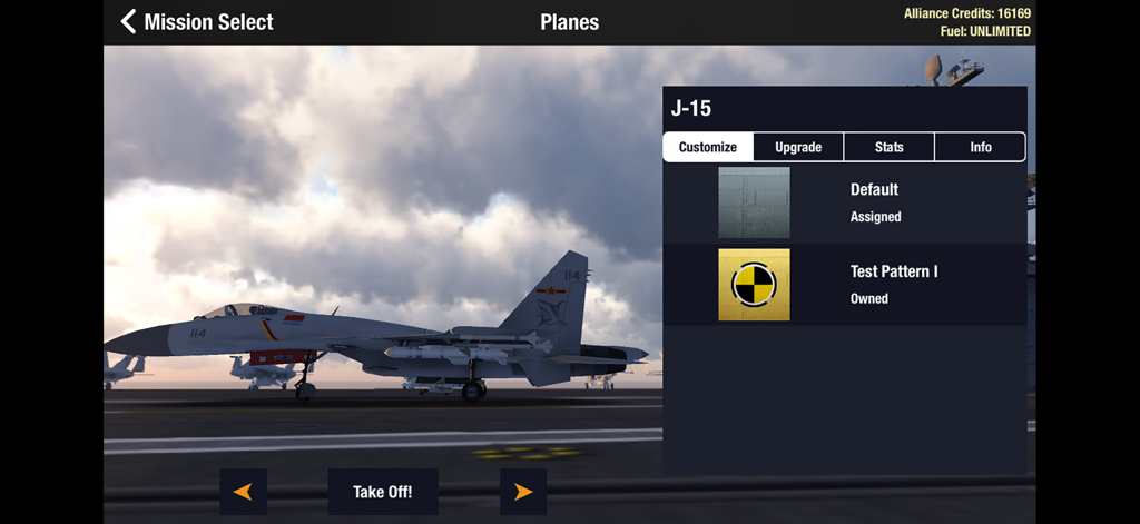 Alliance: Air War - J-15 fighter jet customization screen in the Alliance Air War mobile game