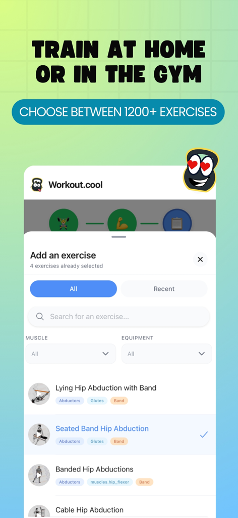 Écran de l'application Workout.cool montrant la bibliothèque de sélection d'exercices pour les entraînements à domicile et en salle de sport