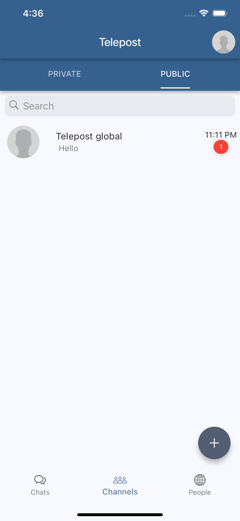 Pantalla de la aplicación Telepost que muestra canales públicos y una barra de búsqueda.