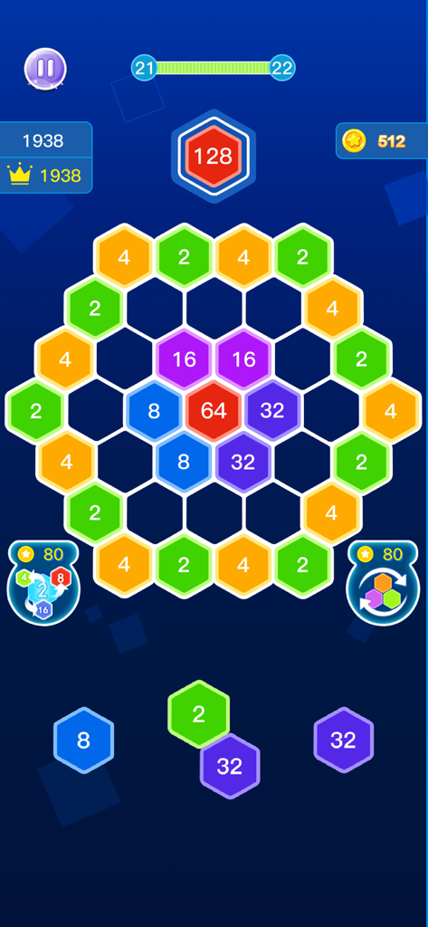 Block Puz - Block Blast Puzzle - Cuadrícula de rompecabezas hexagonal con fichas numeradas en el modo de combinación del juego móvil Block Puz.