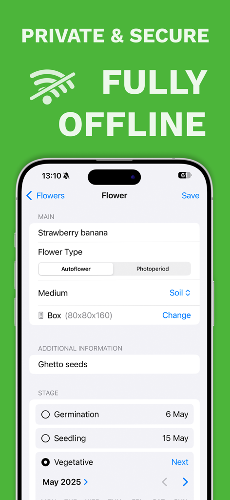 Grow Point app interface showing a private offline growth log for an indoor plant.