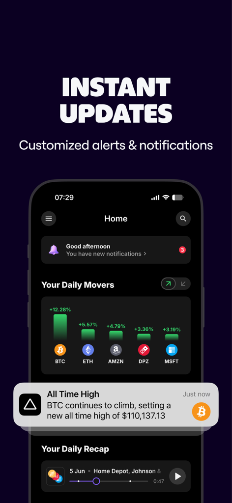 Delta by eToro - Application Delta par eToro affichant des mises à jour d'investissement instantanées et une alerte de prix Bitcoin
