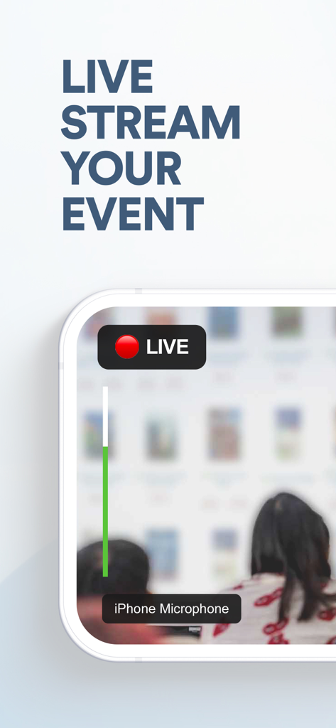 EventLive－Live Stream Event - Bildschirm eines Mobiltelefons, das die EventLive-App zeigt, die eine Live-Veranstaltung mit einer roten Live-Anzeige streamt