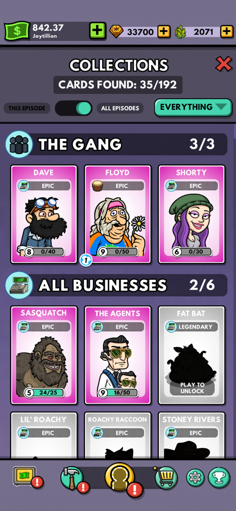 The Collections screen of Bud Farm Idle Tycoon showing character and business cards