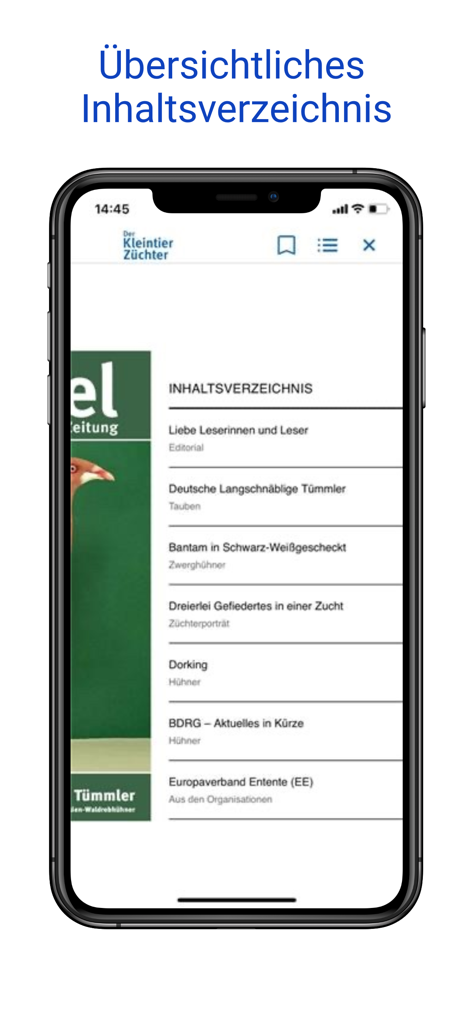 Smartphone-Ansicht zeigt das übersichtliche Inhaltsverzeichnis der digitalen Magazin-App Der Kleintierzüchter