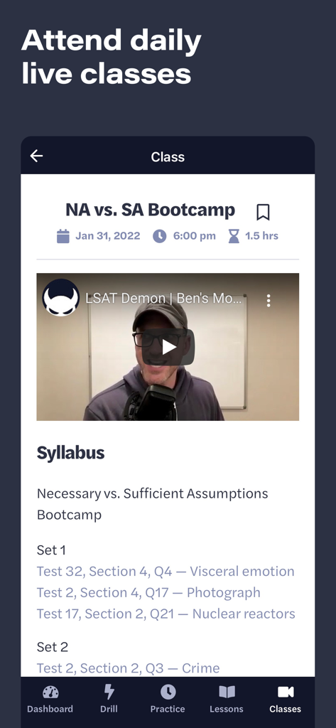 LSAT Demon - LSAT Demon app interface showing a live bootcamp class session with an instructor video and syllabus for LSAT preparation