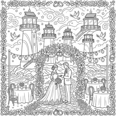 Discover the magic of a seaside union with this stunning modern lighthouse wedding coloring page. It perfectly blends contemporary architecture with timeless romance, offering a unique scene for your creative touch.